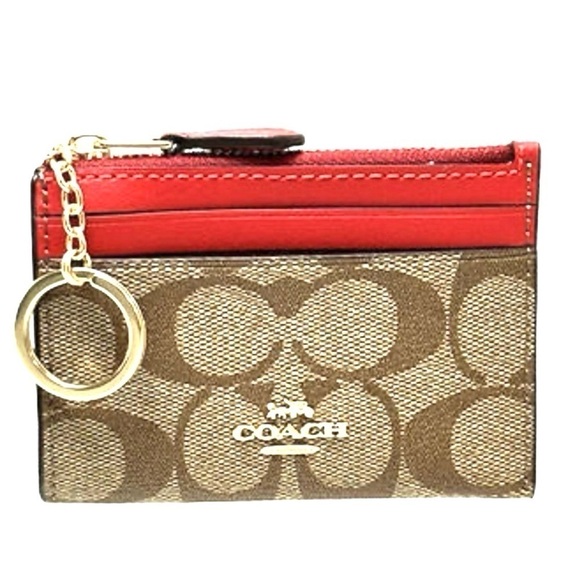 Coach Mini Skinny ID Case Wallet NWT Signature Canvas Brown Keychain Card - Picture 2 of 4